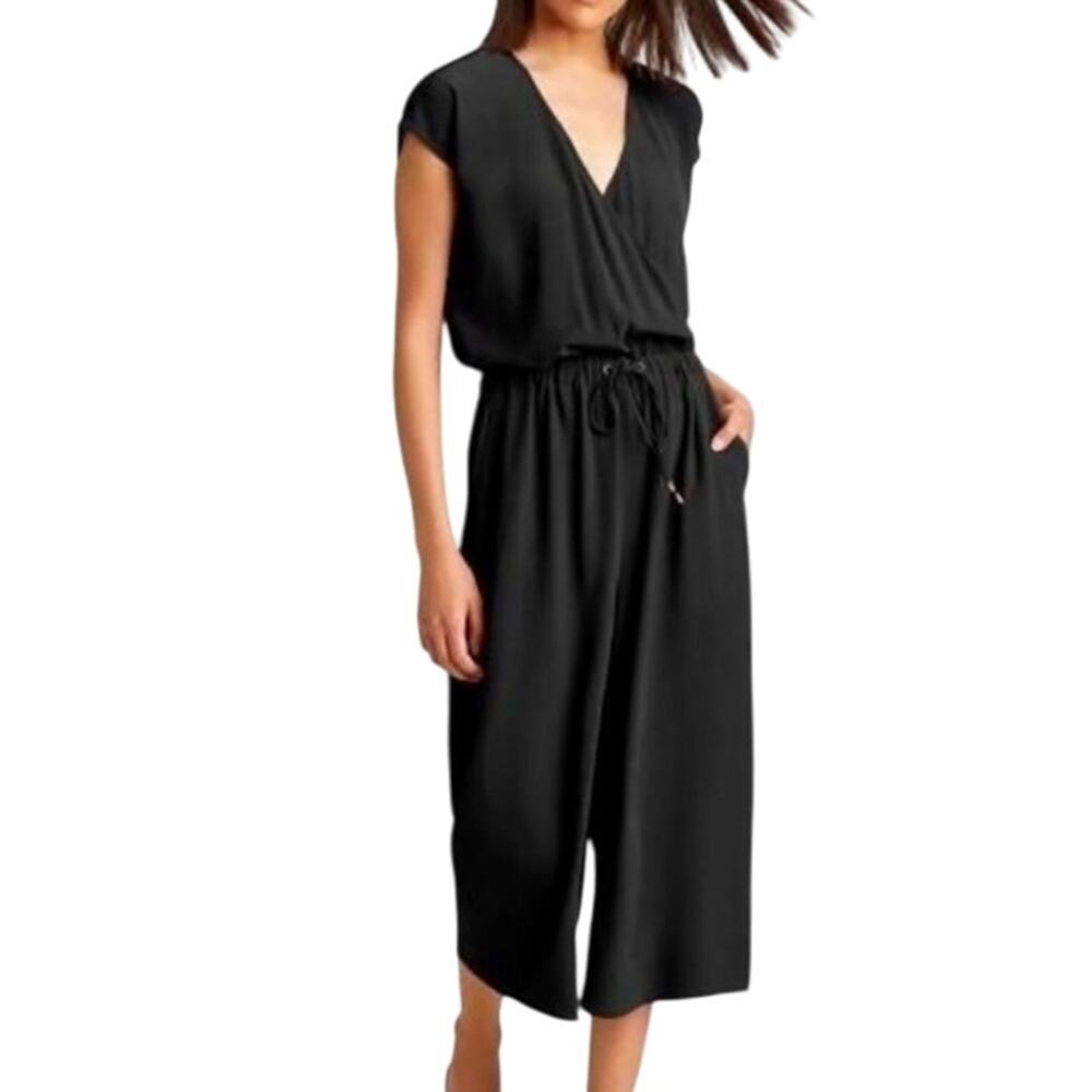 Eileen Fisher Black Cropped Drawstring Jumpsuit – Size L - Crepe Chic Lagenlook